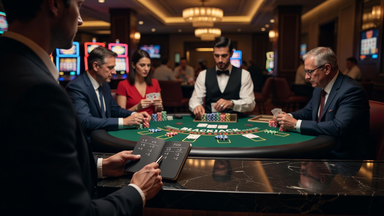 Blackjack-Tisch mit Beobachtern in der Ferne, die den Kartenverlauf verfolgen