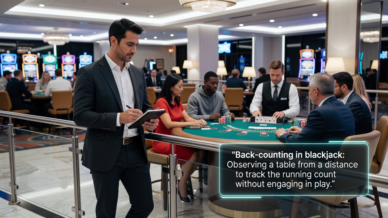Spieler beobachtet mehrere Blackjack-Tische gleichzeitig und notiert Zählstände