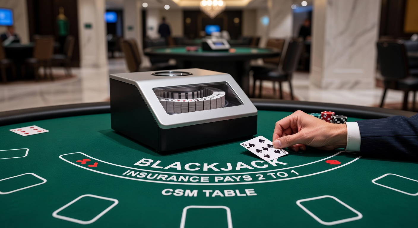 Ein moderner CSM-Blackjack-Tisch in einem Casino, der Karten kontinuierlich mischt, um das Spiel dynamisch zu halten