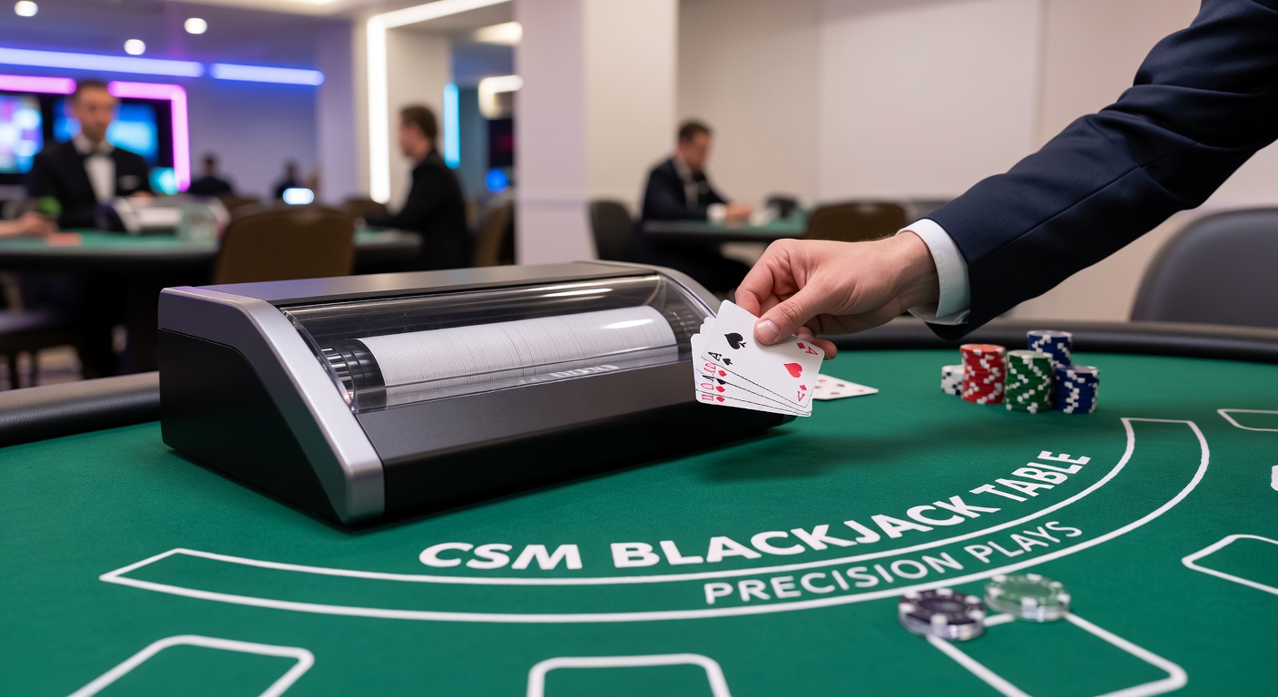 Nahaufnahme einer Hand am CSM-Tisch, bei der ein Spieler eine strategische Entscheidung trifft, um den Hausvorteil zu mindern