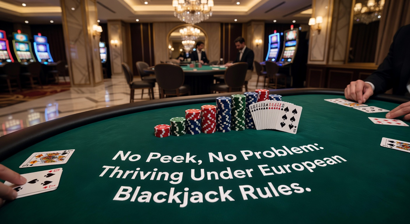 Europäischer Blackjack-Tisch mit Dealerkarte offen und Spielerhandlungen im Gange, typisch für No-Peek-Regeln