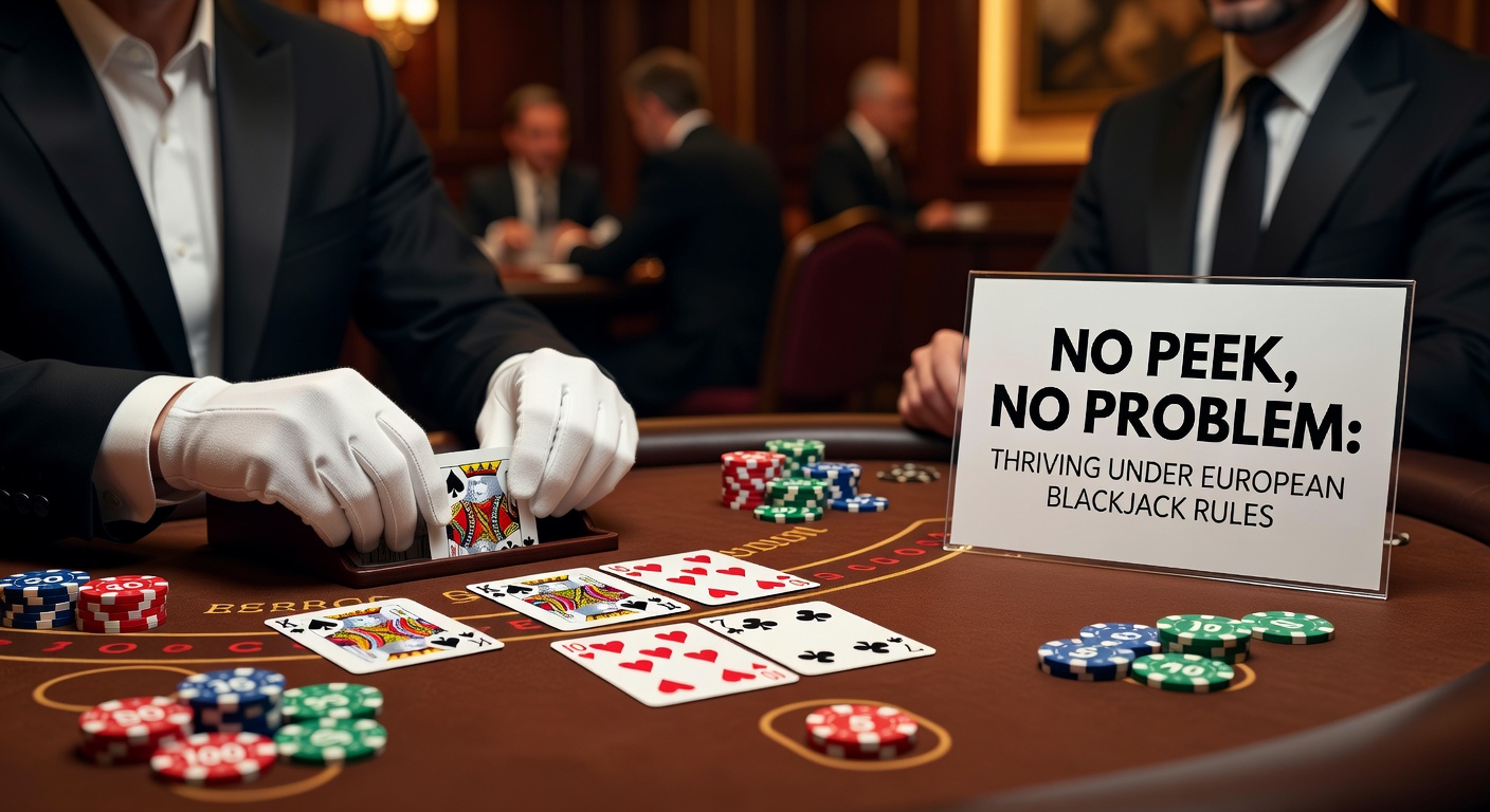 Nahaufnahme einer Blackjack-Hand unter No-Peek-Regeln, mit Insurance-Wette platziert und Spielerentscheidung