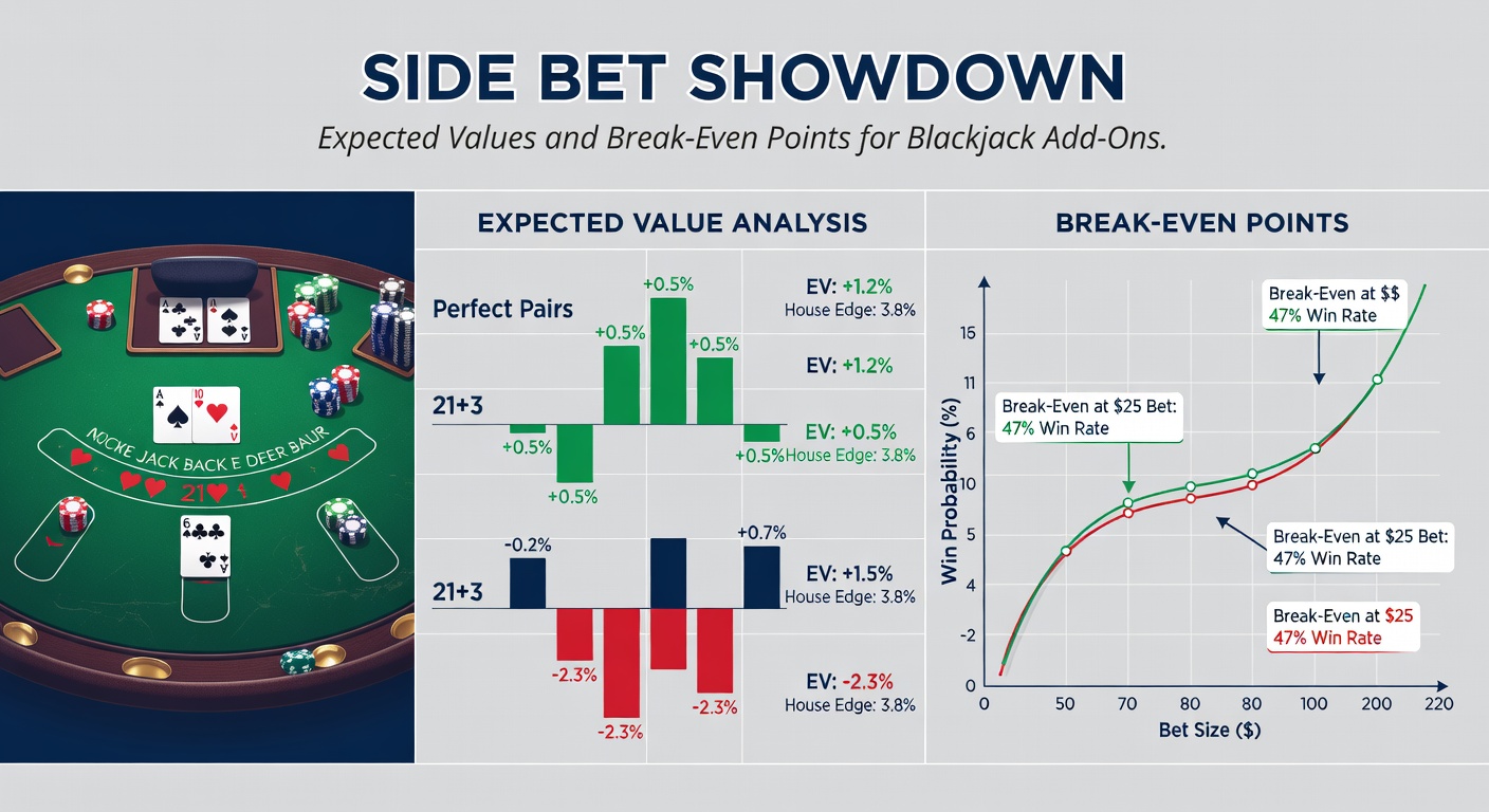 Tabelle mit detaillierten Break-Even-Punkten und Erwartungswerten für gängige Blackjack-Side-Bets, inklusive Auszahlungsstrukturen