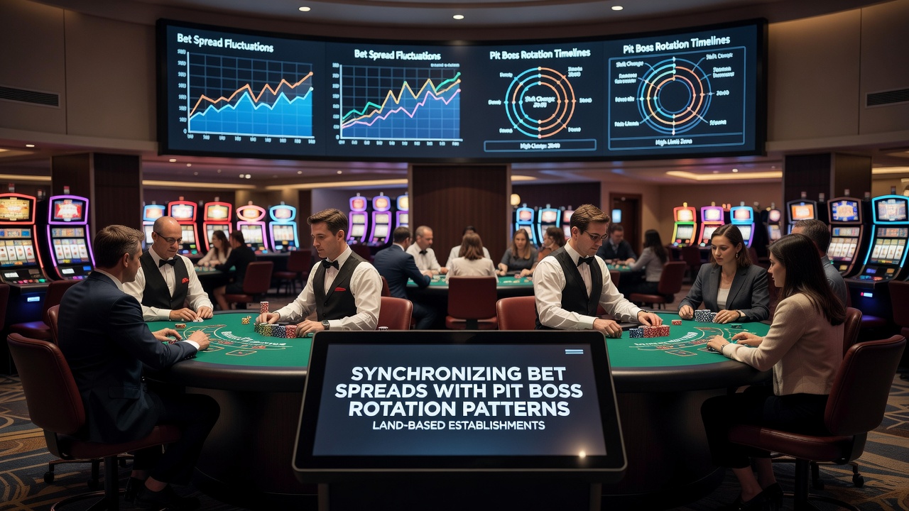 Pit-Boss-Rotationsmuster in einem landbasierten Casino mit Blackjack-Tischen und Überwachungspersonal